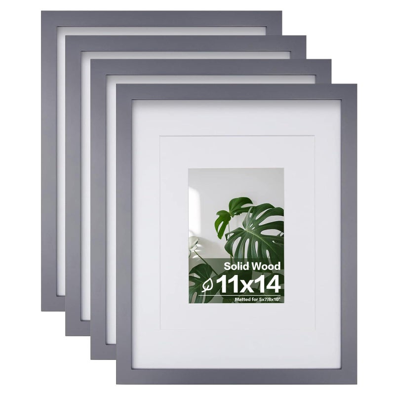 Egofine 11x14 Picture Frames 4 Pack Display Pictures 5x7/8x10 with Mat or 11x14 Without Mat Made of Solid Wood Covered by Plexiglass for Table Top Display and Wall Mounting Photo Frames, Dark Gray - Image 1